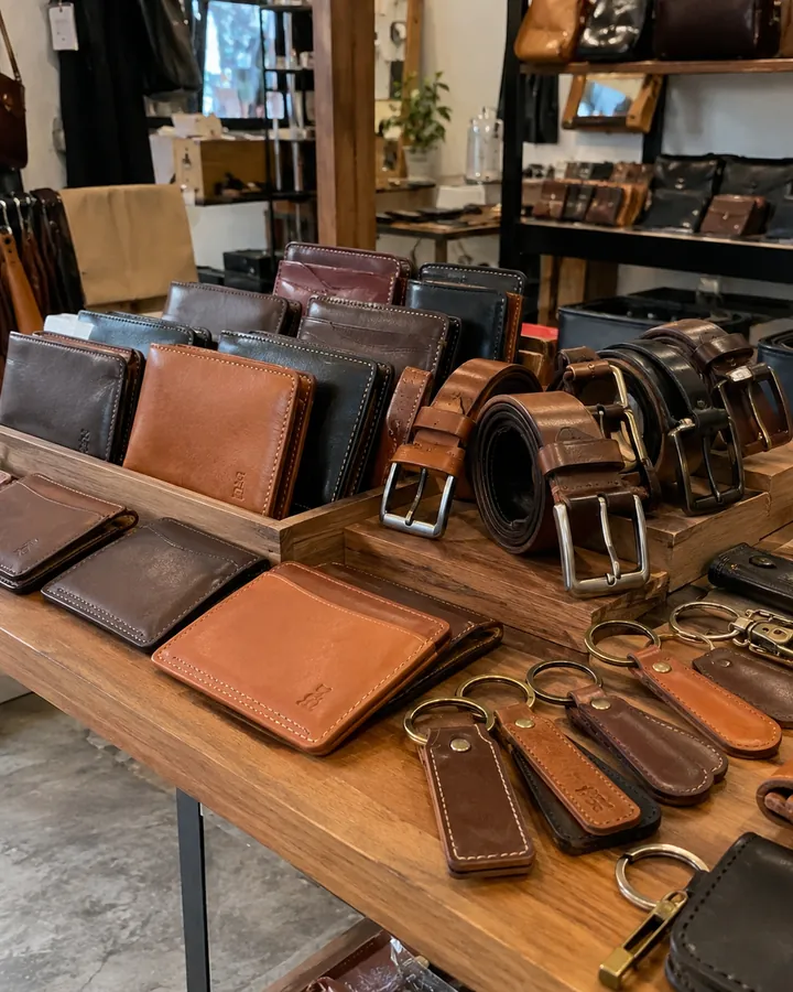 Leather wallets, belts and keychains on a display table