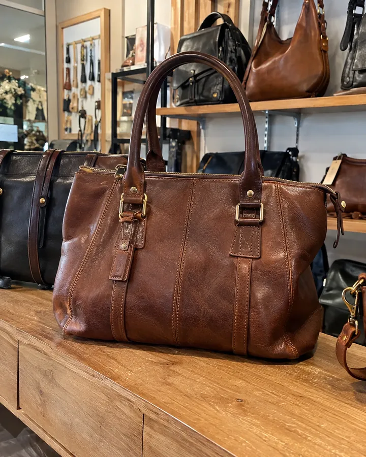 Brown leather tote bag displayed with other bags on a shop shelf