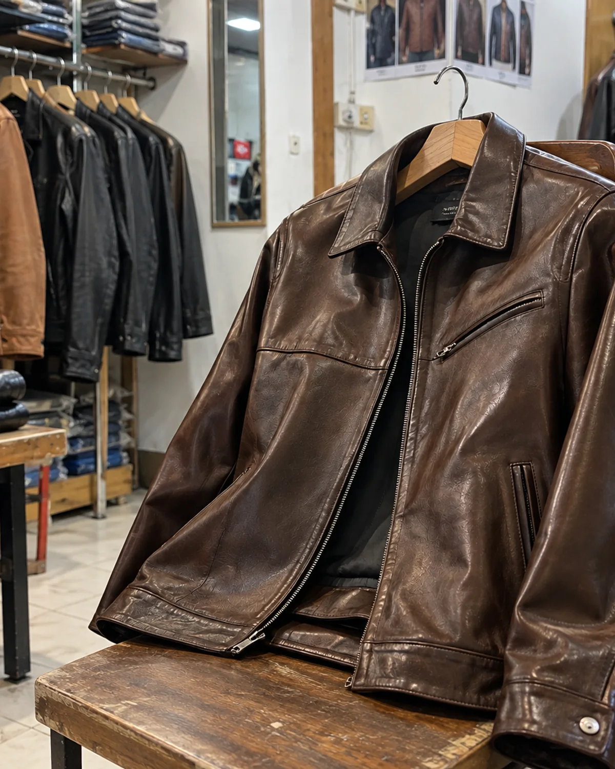 Brown leather jacket displayed on a store rack