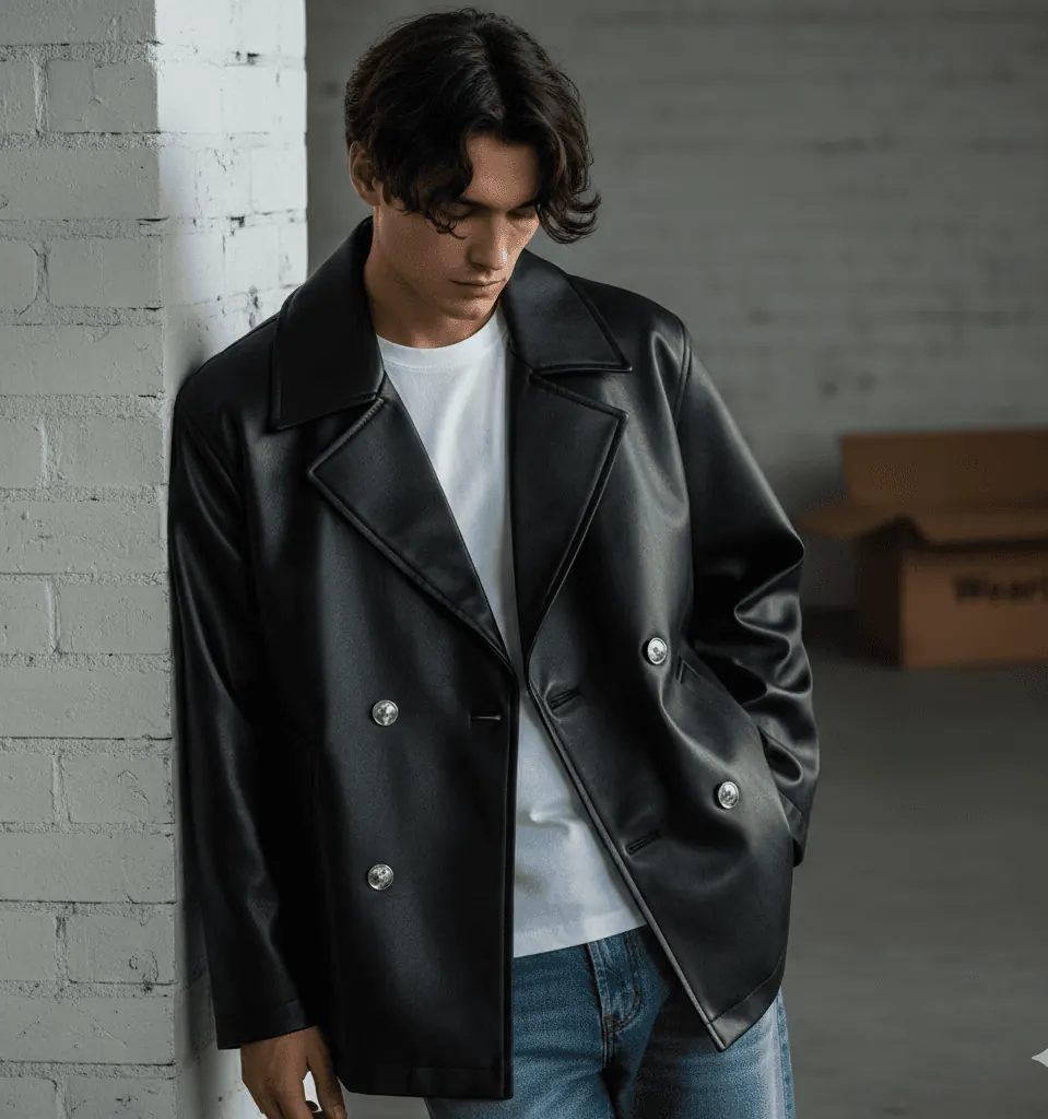 Young man in black leather double-breasted jacket jeans. stand with the support of the white wall
