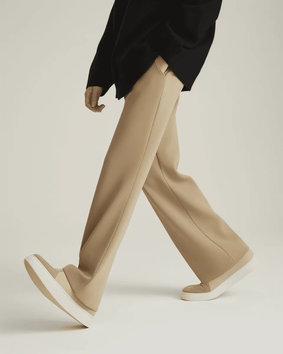 Shot of the person's legs wearing the brownish paints