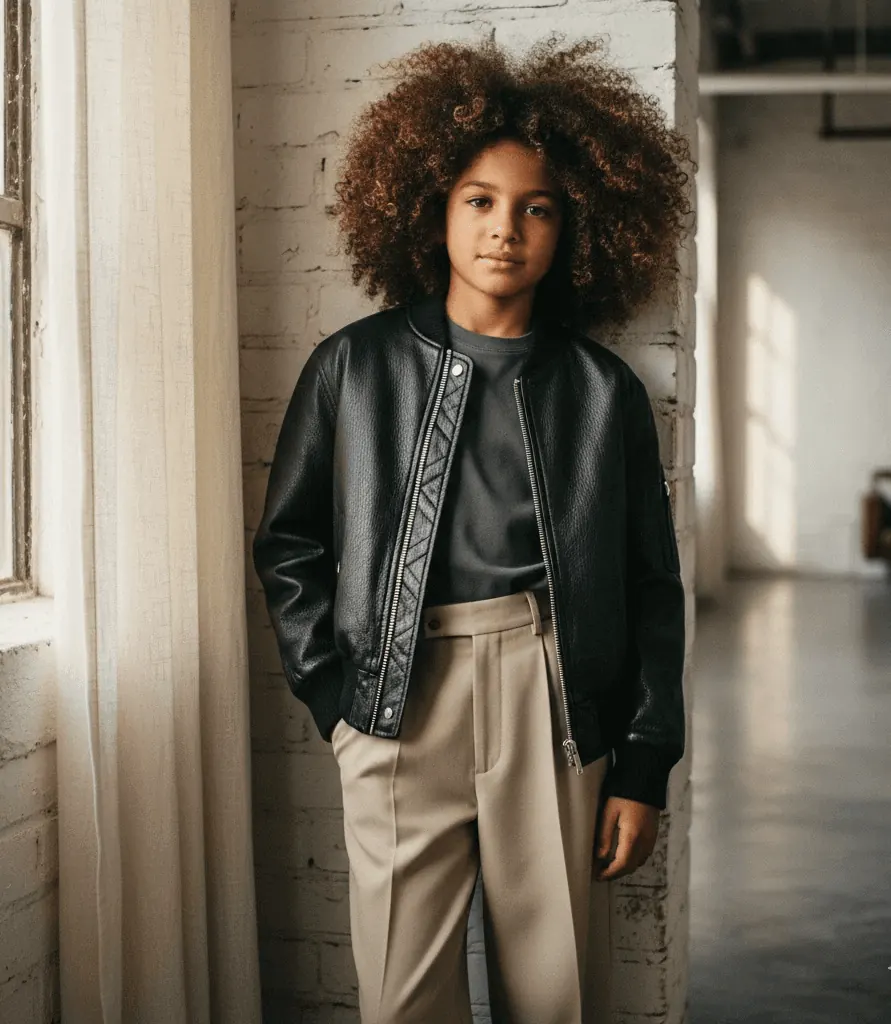 kid in the black jacket having curly hairs