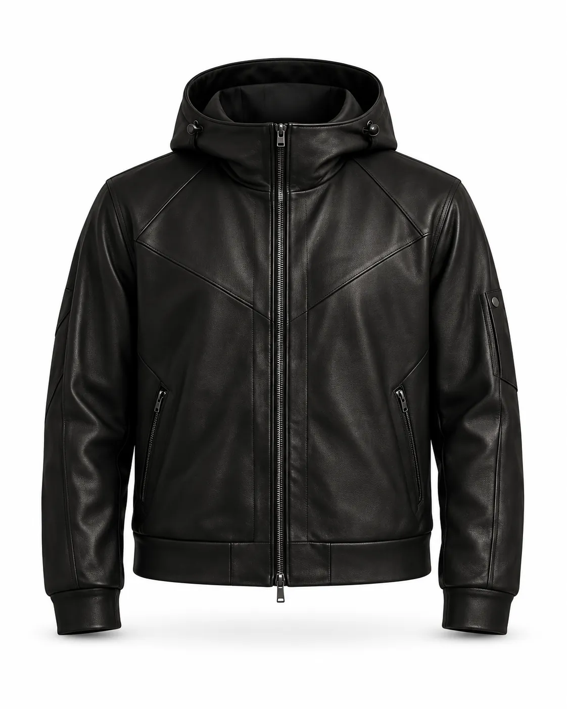 Front view of a black hooded jacket with a full zip and angular chest panels