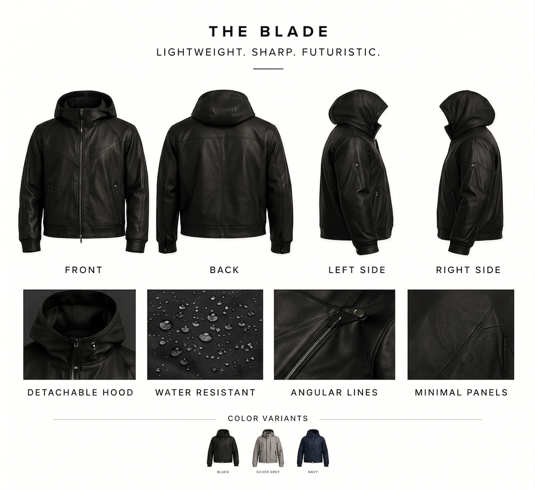 The Blade Hooded Jacket design reference with front, back and side views