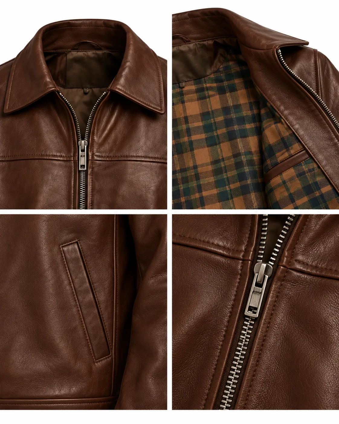 Close-up of a chocolate-brown leather jacket showing the collar, checked lining, side pocket and zip