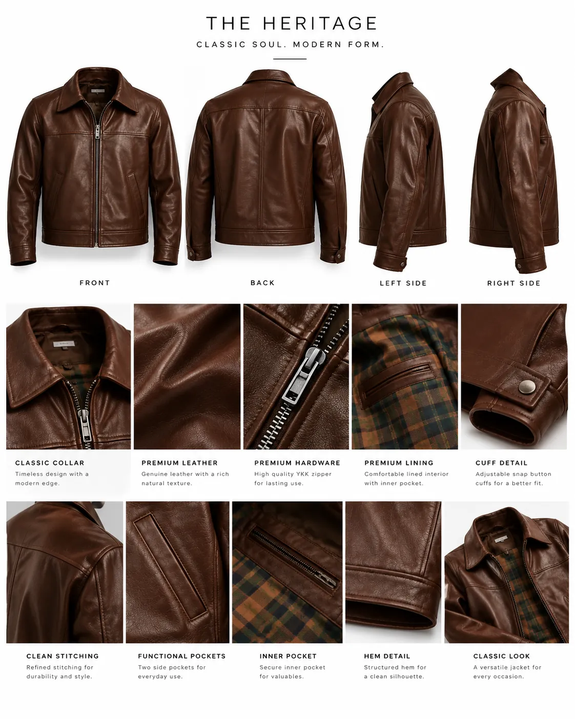 Lookbook of a chocolate-brown collared jacket showing the collar, cuffs, pockets and stitching