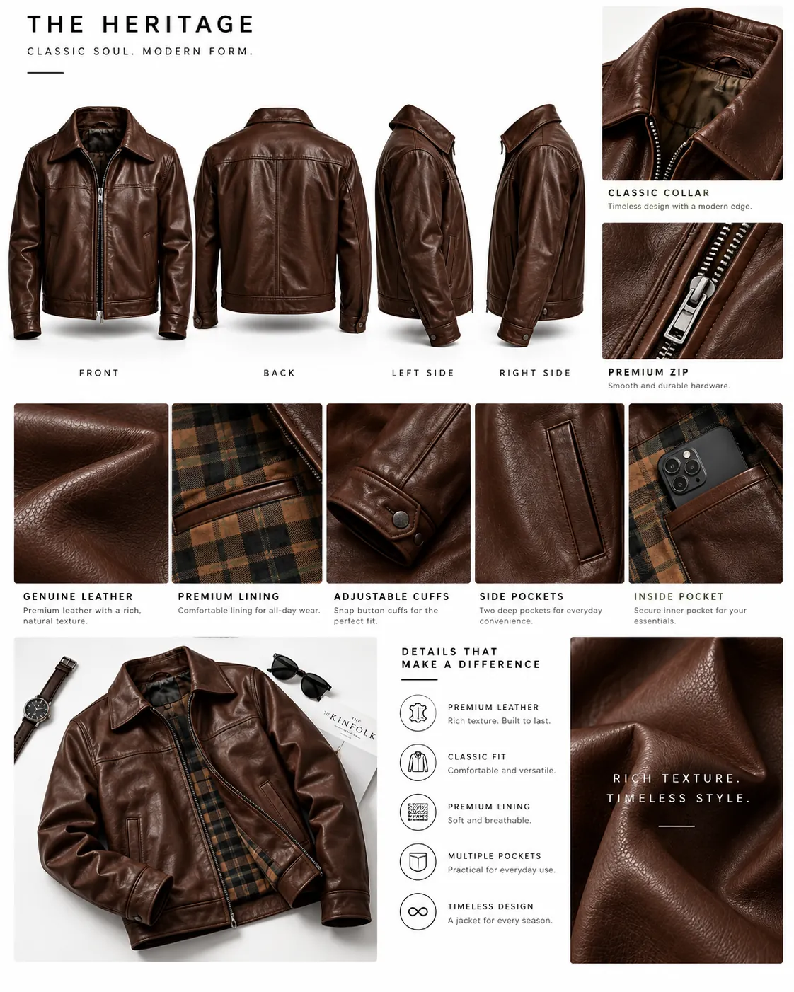 Lookbook showing a chocolate-brown collared jacket laid out with a full outfit and lining details