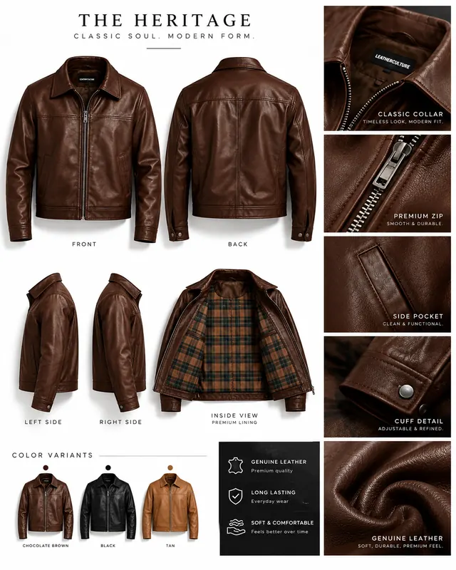 Chocolate-brown collared leather jacket shown from the front, back and side with its checked lining
