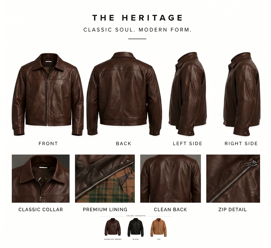 The Heritage Collared Jacket design reference with front, back and side views