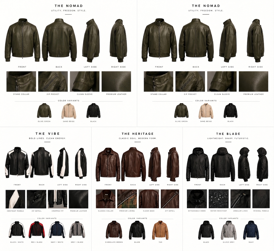 The Nomad Stand Collar Jacket design reference with front, back and side views