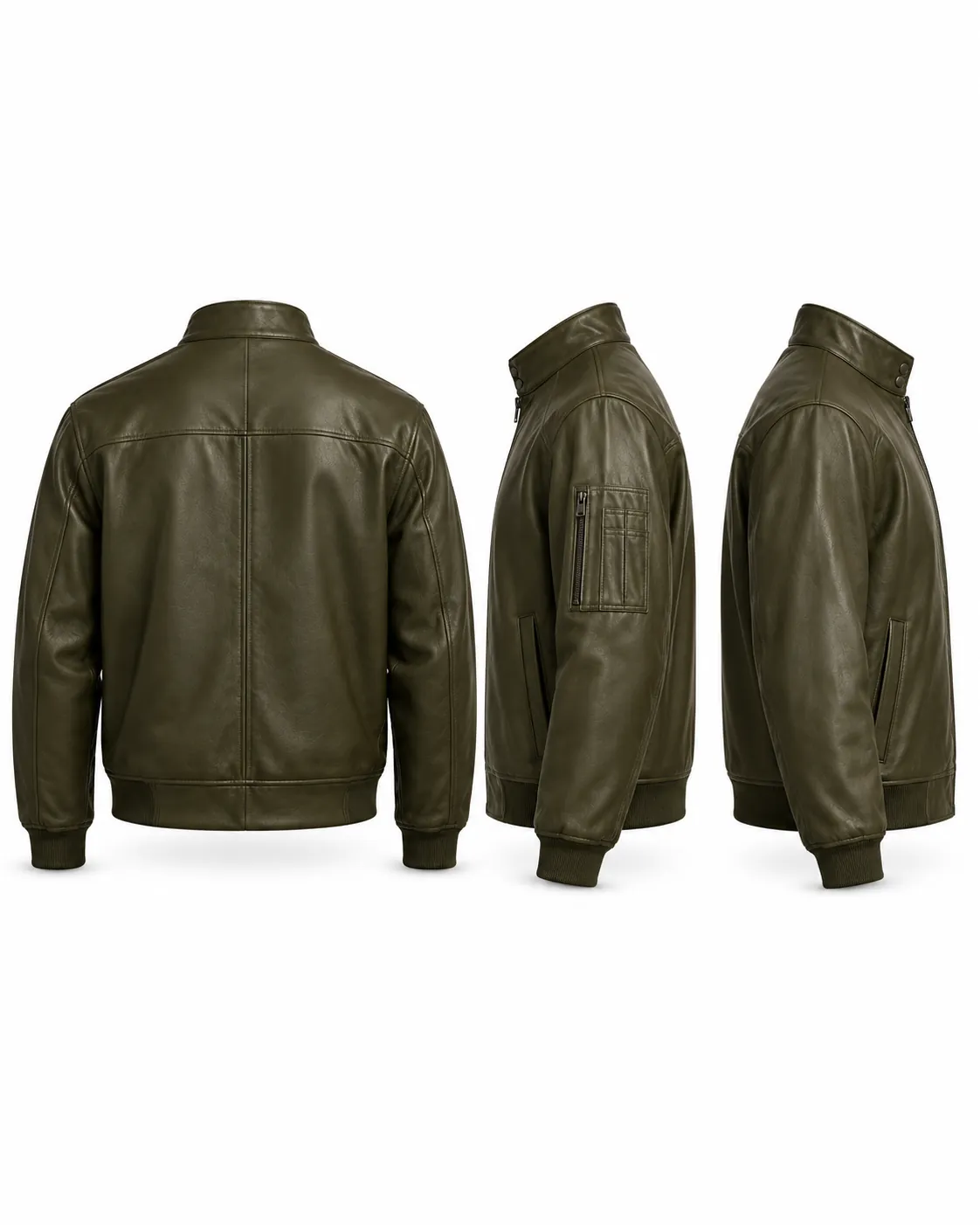 Back and side views of an olive-green stand-collar jacket showing the sleeve pocket and ribbed hem