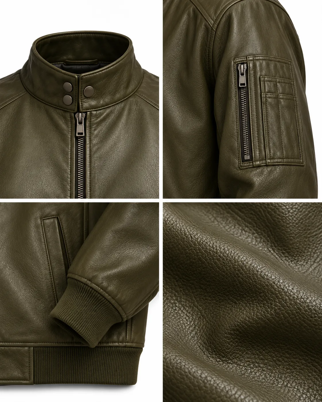 Close-up of an olive-green jacket showing a snap stand collar, sleeve zip pocket and ribbed cuff