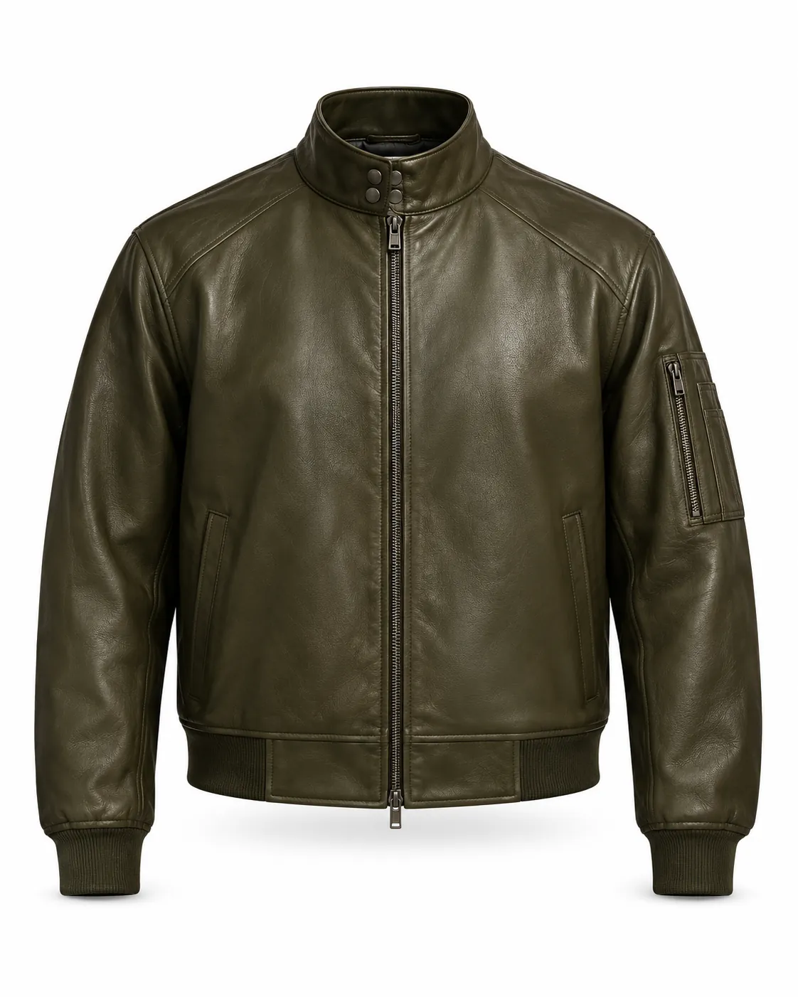 Front view of an olive-green jacket with a snap stand collar, centre zip and sleeve pocket