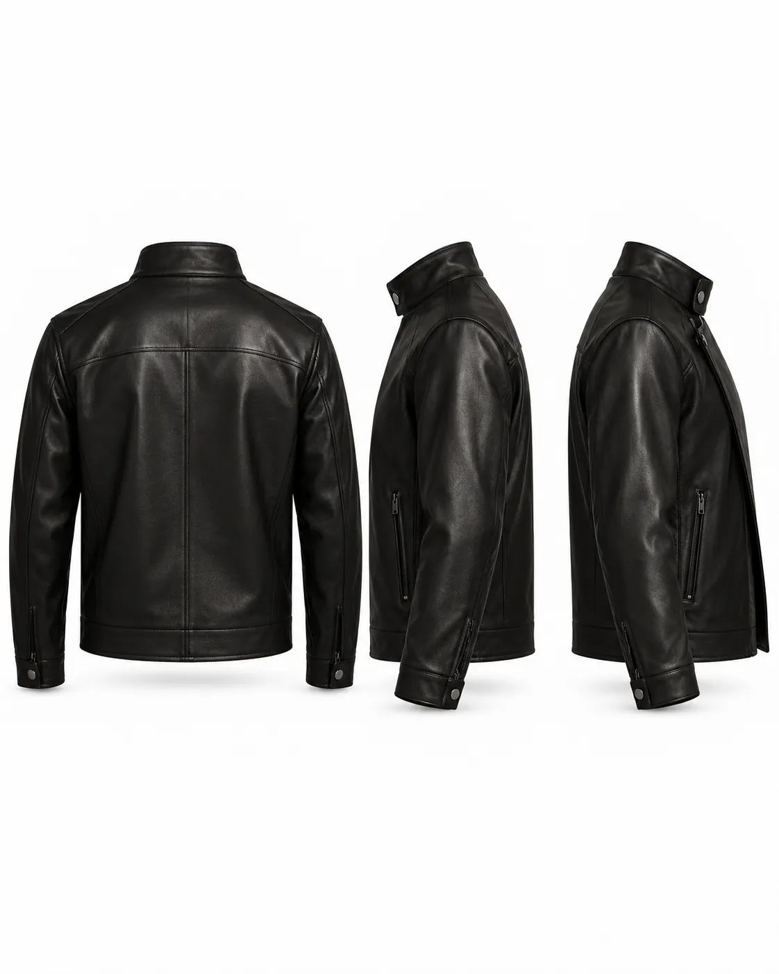 Back and side views of a black asymmetric jacket showing its clean panels and cuffs