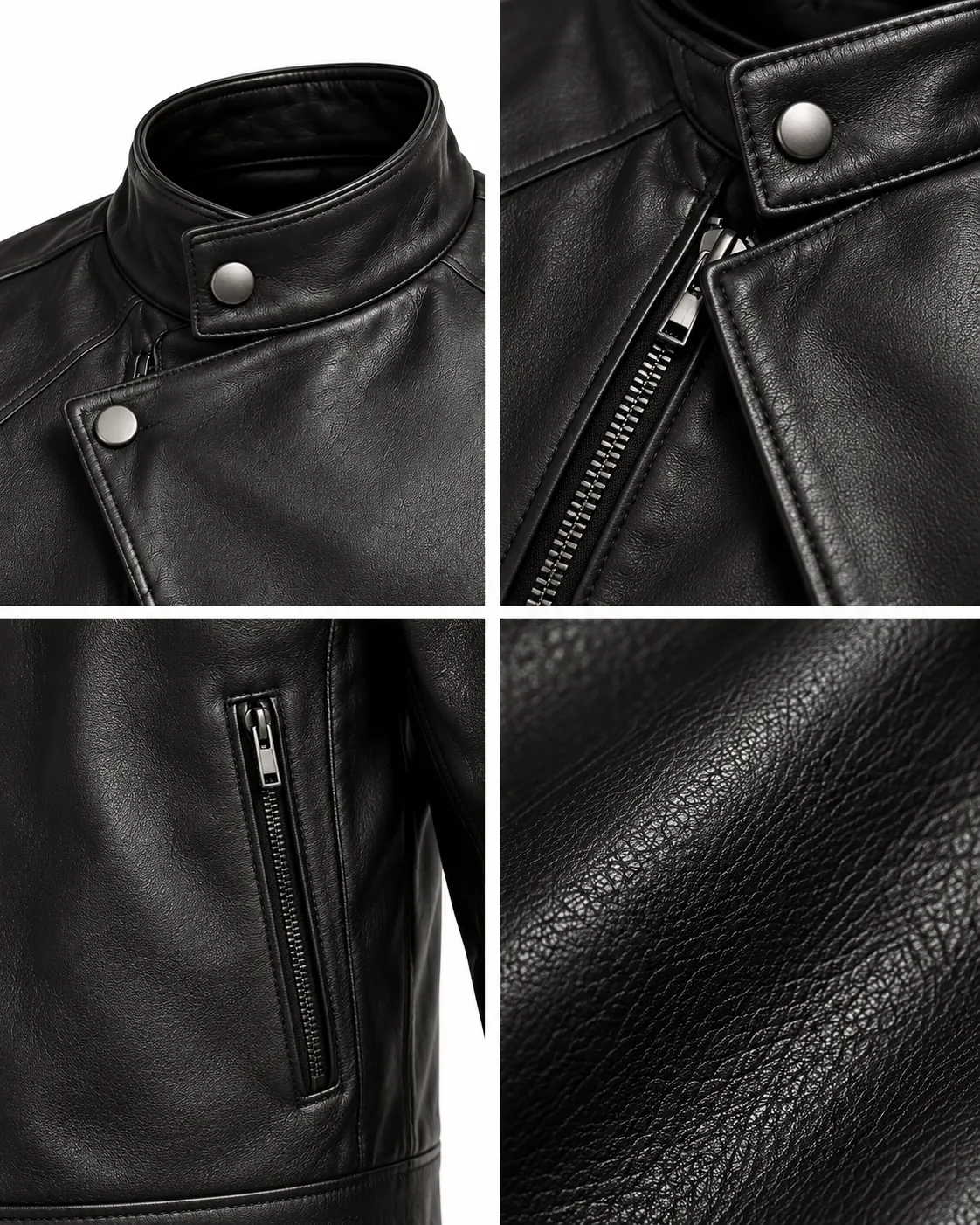 Close-up of a black asymmetric jacket showing the stand collar, angled zip and zipped side pocket