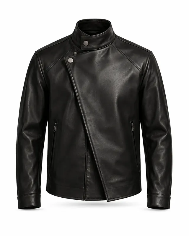 The Rune black asymmetric jacket, front view with an asymmetric closure and snap stand collar