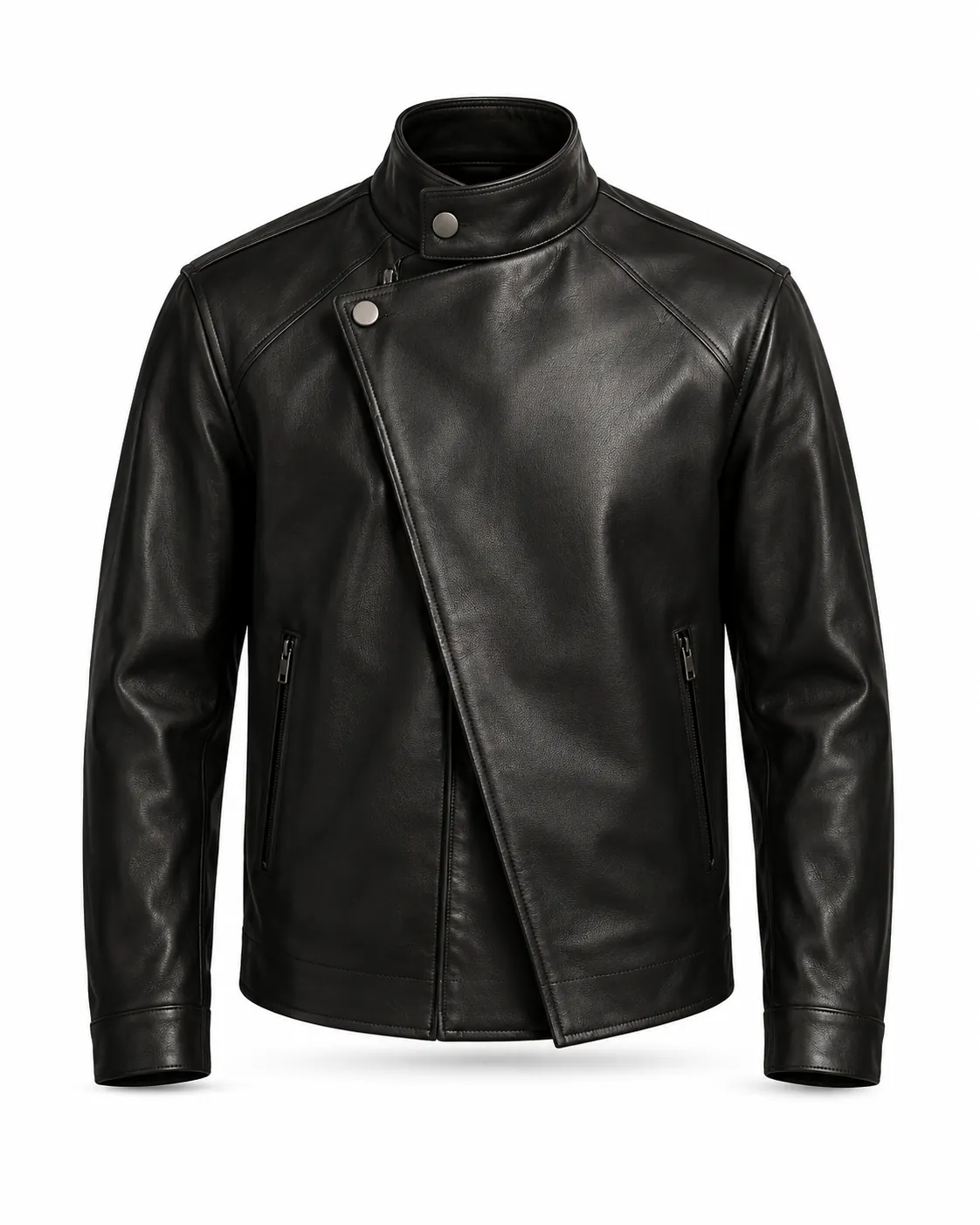 Front view of a black asymmetric jacket with a snap stand collar and angled zip closure