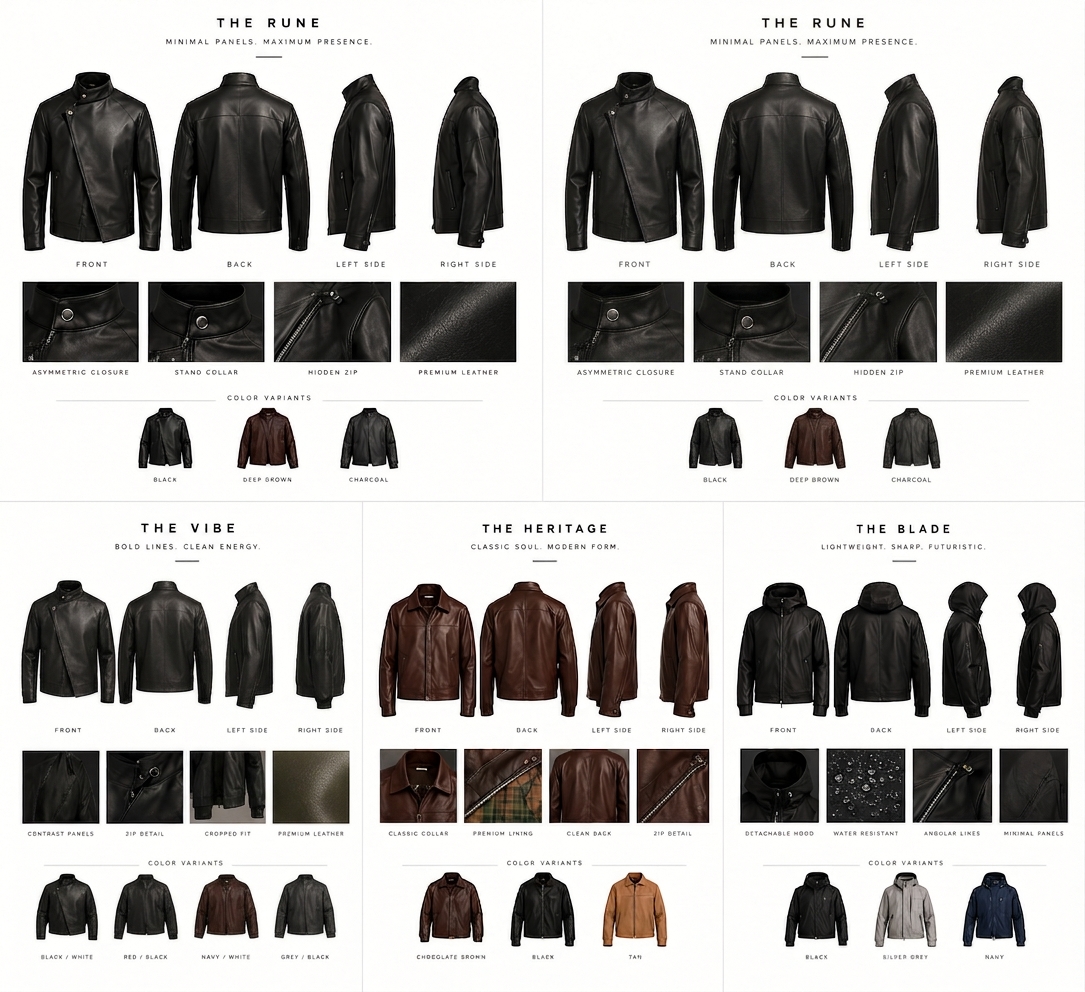 The Rune Asymmetric Jacket design reference with front, back and side views