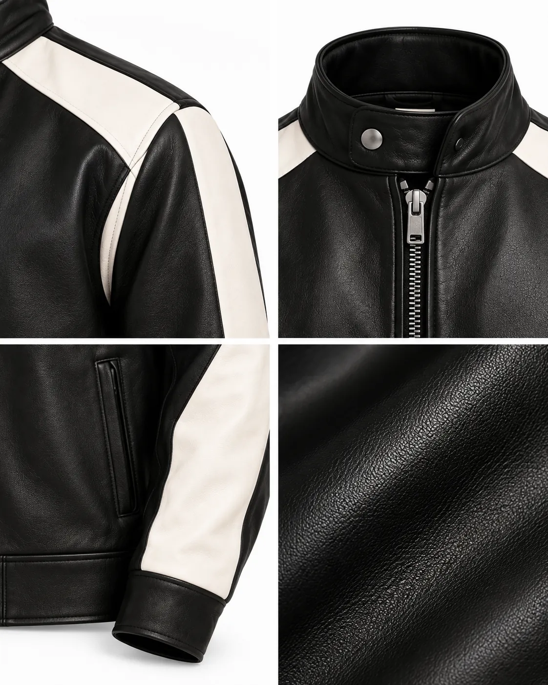 Close-up of a black jacket's white contrast panels, stand collar, zip and pocket