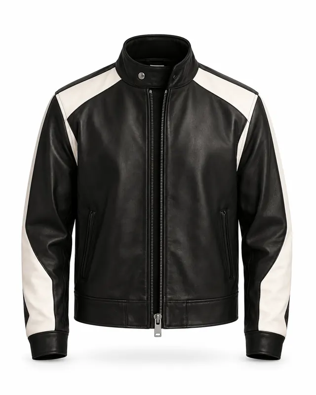 The Vibe black-and-white contrast panel jacket, front view with white shoulder and sleeve panels