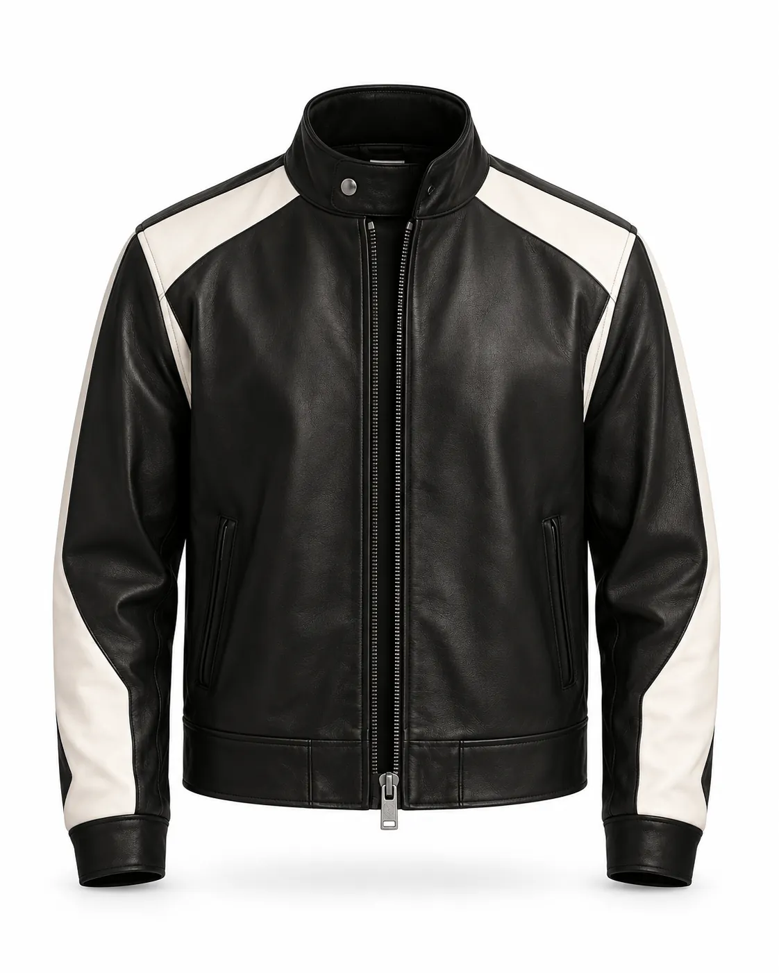 The Vibe black jacket with white shoulder and sleeve contrast panels and a stand collar