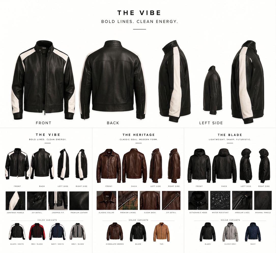 The Vibe Contrast Panel Jacket design reference with front, back and side views
